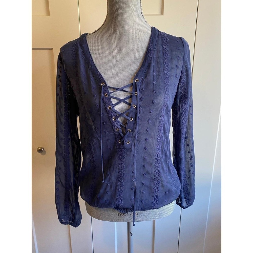 Cache Top Sheer Lace Up V Neck Top Y2K Elastic Waist Whimsigoth s38